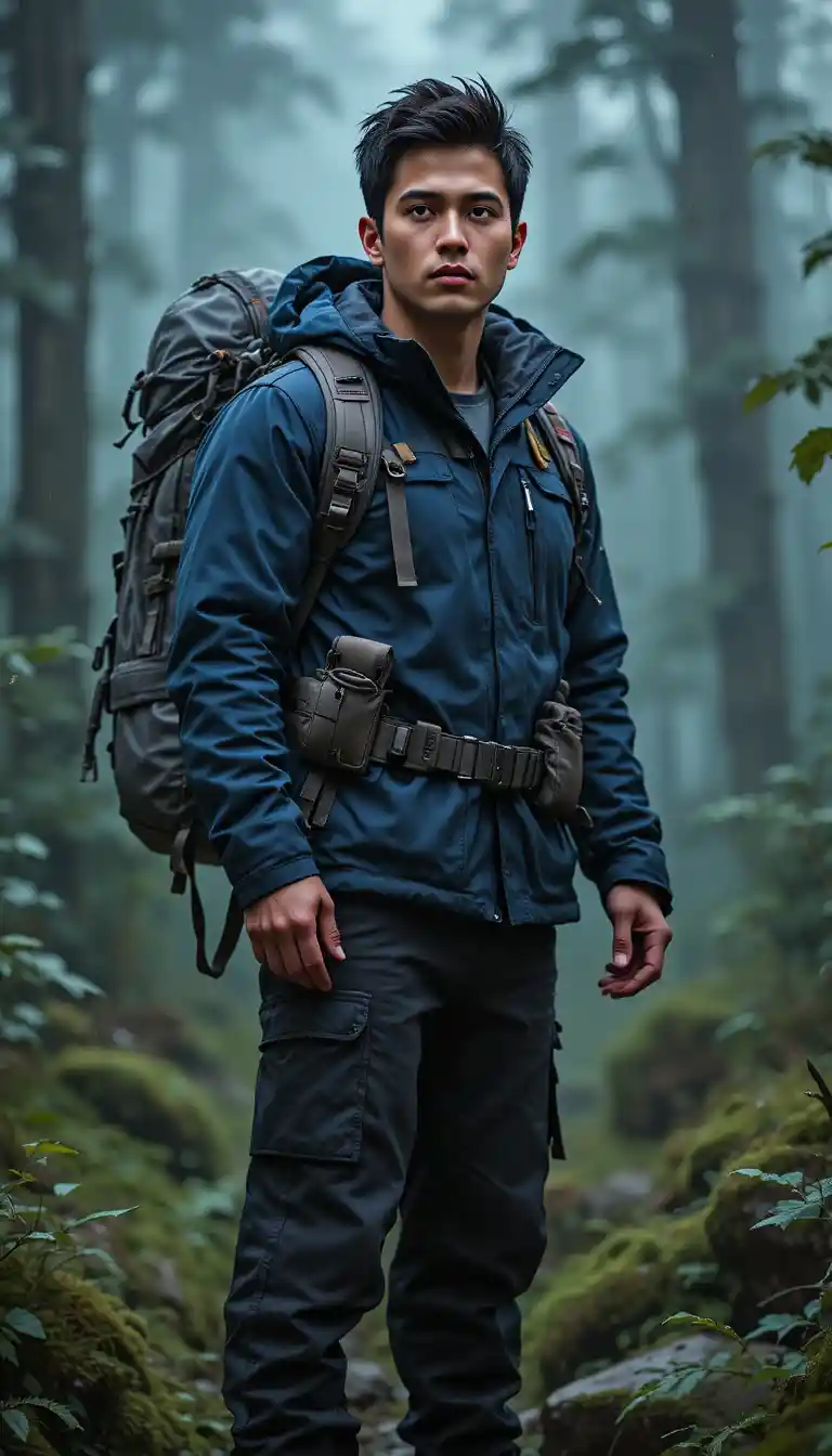 Young man in hiking gear walking through foggy forest