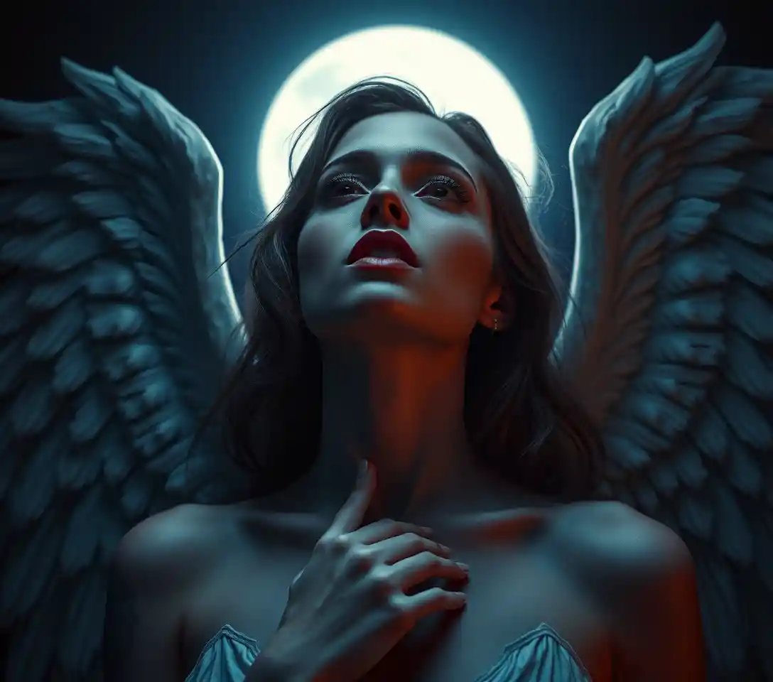 Moonlit cinematic portrait of a mysterious angelic woman