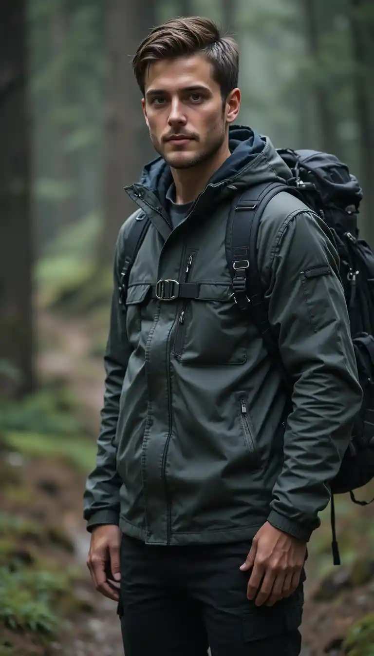 Calm athletic man in hiking gear with cinematic realism