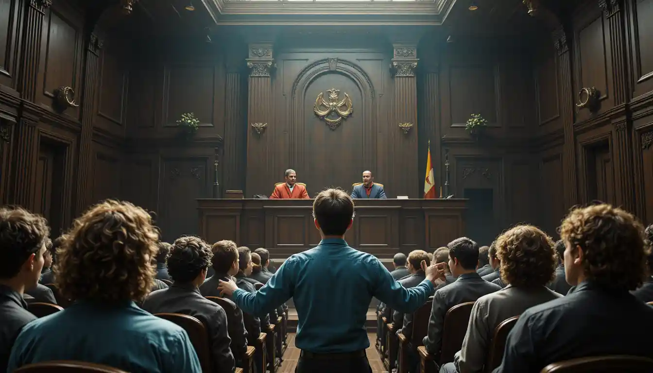 Tense courtroom hearing with judges and an animated speaker