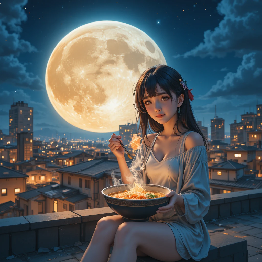Anime girl eating ramen on a quiet night rooftop