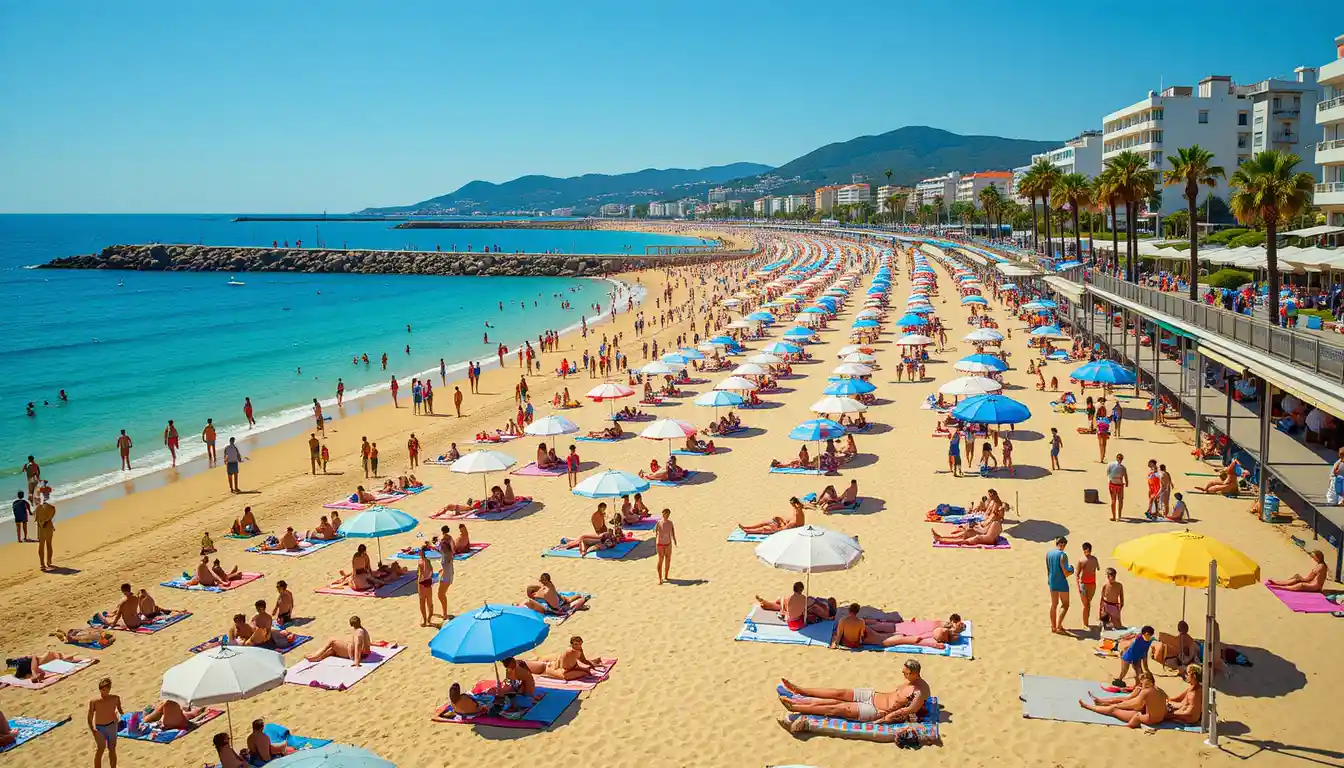 Crowded Mediterranean beach under bright midday summer sun