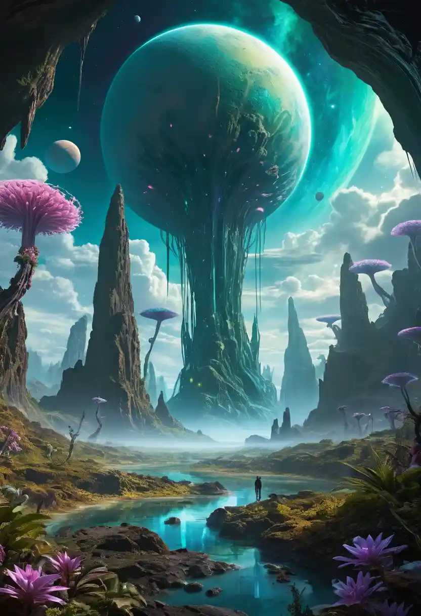 Iridescent alien planet with glowing forests and rivers
