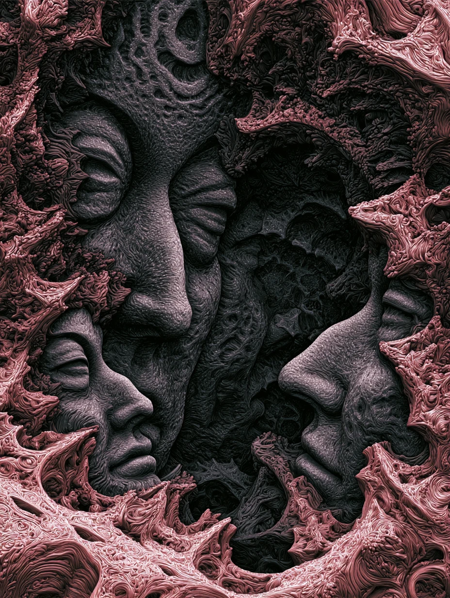 Colossal surreal human forms rising from a luminous mire