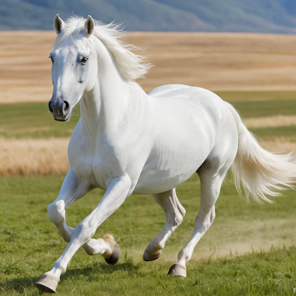 White horse running across a sunny open field