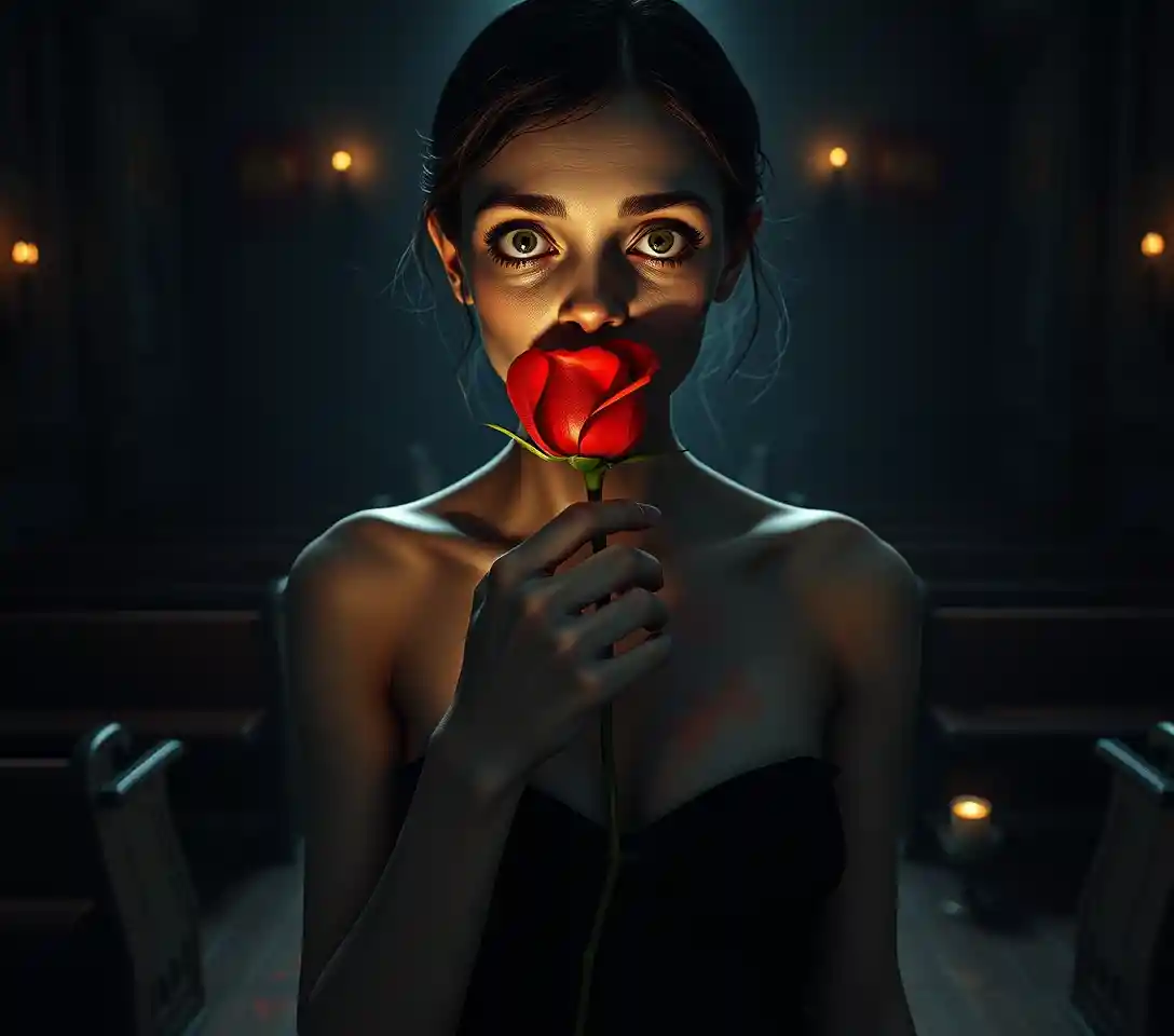 Woman with rose blooming from her silenced mouth