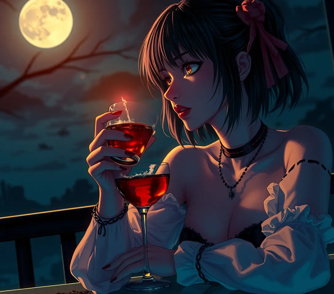 Woman sipping a midnight drink under surreal moonlit sky