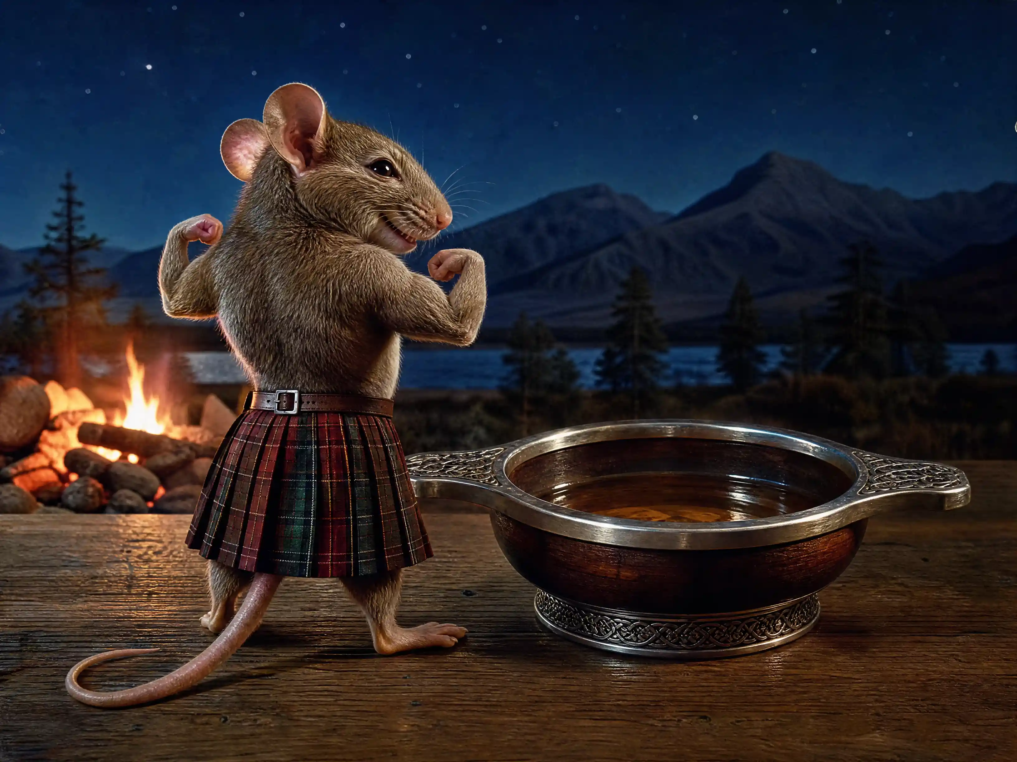Anthropomorphic mouse in kilt by a quaich at night