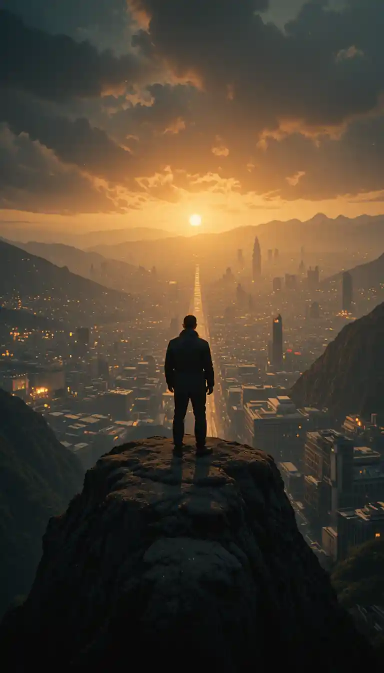 Man On Cliff Overlooking City At Golden Sunset
