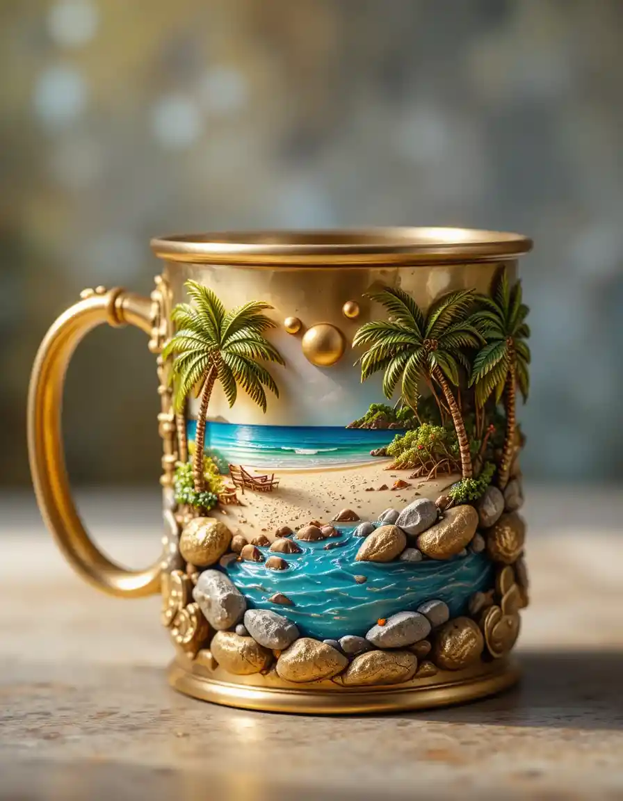 Tazza da caffè in ottone con scena di spiaggia su isola tropicale