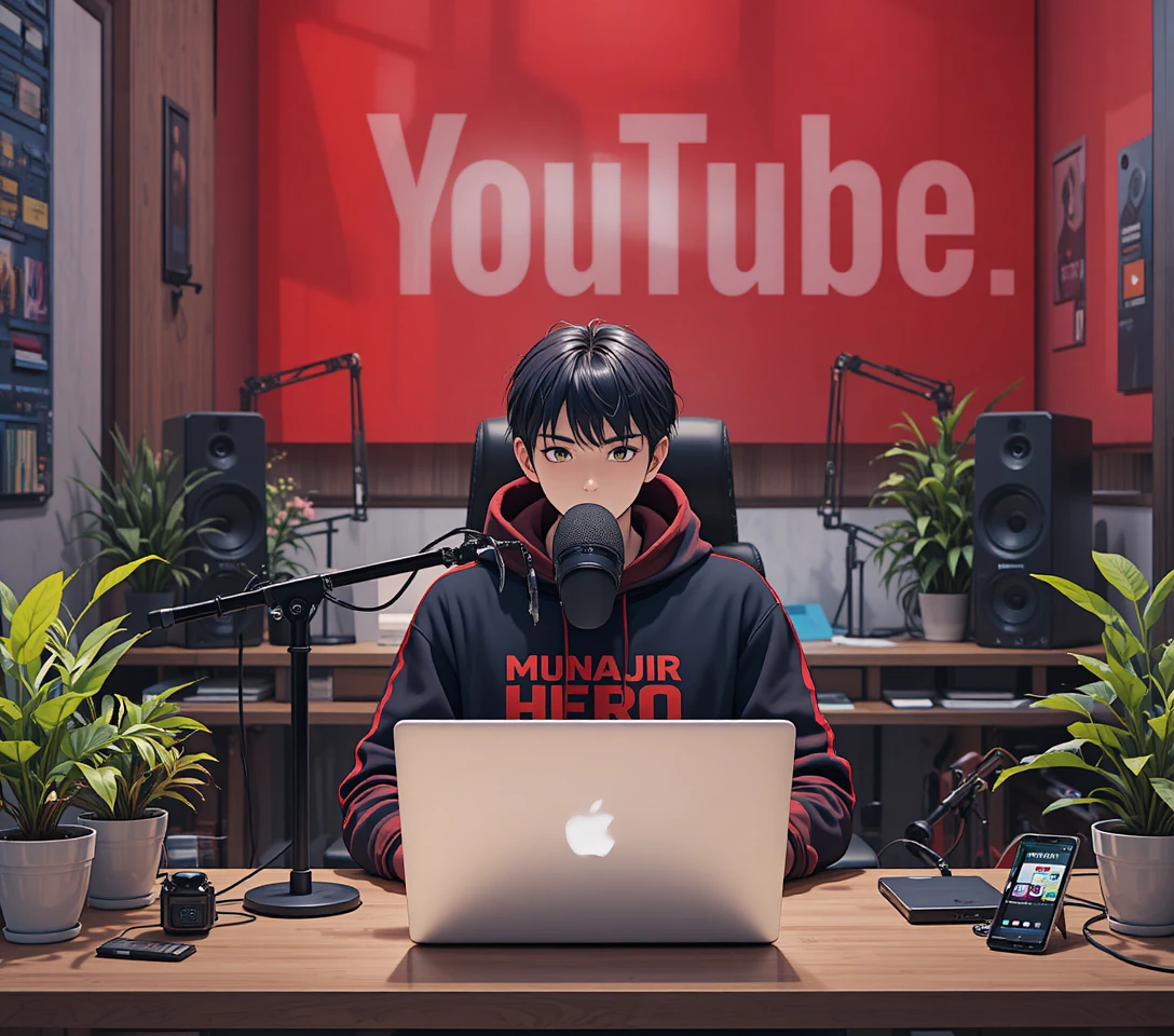 Anime boy streaming at computer desk with microphone