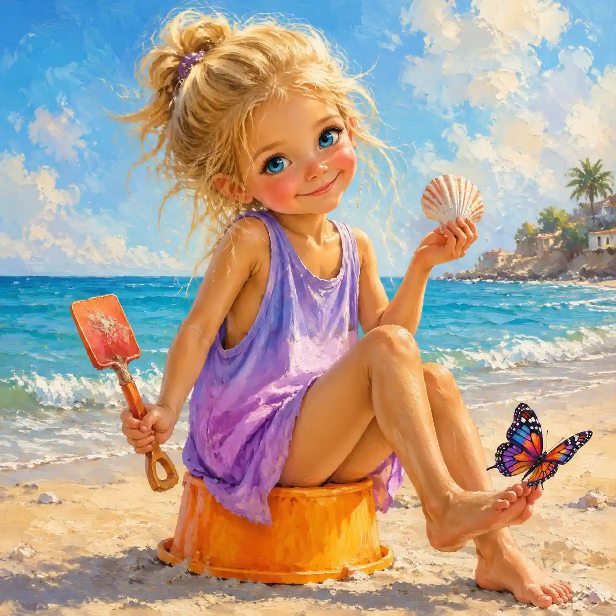 Playful blonde girl sitting on toy bucket at beach