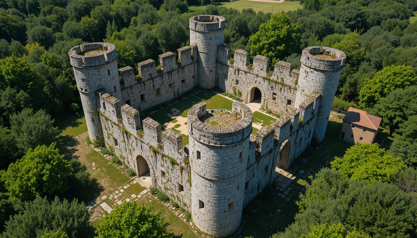 Aerial view of ancient stone castle ruins in forest