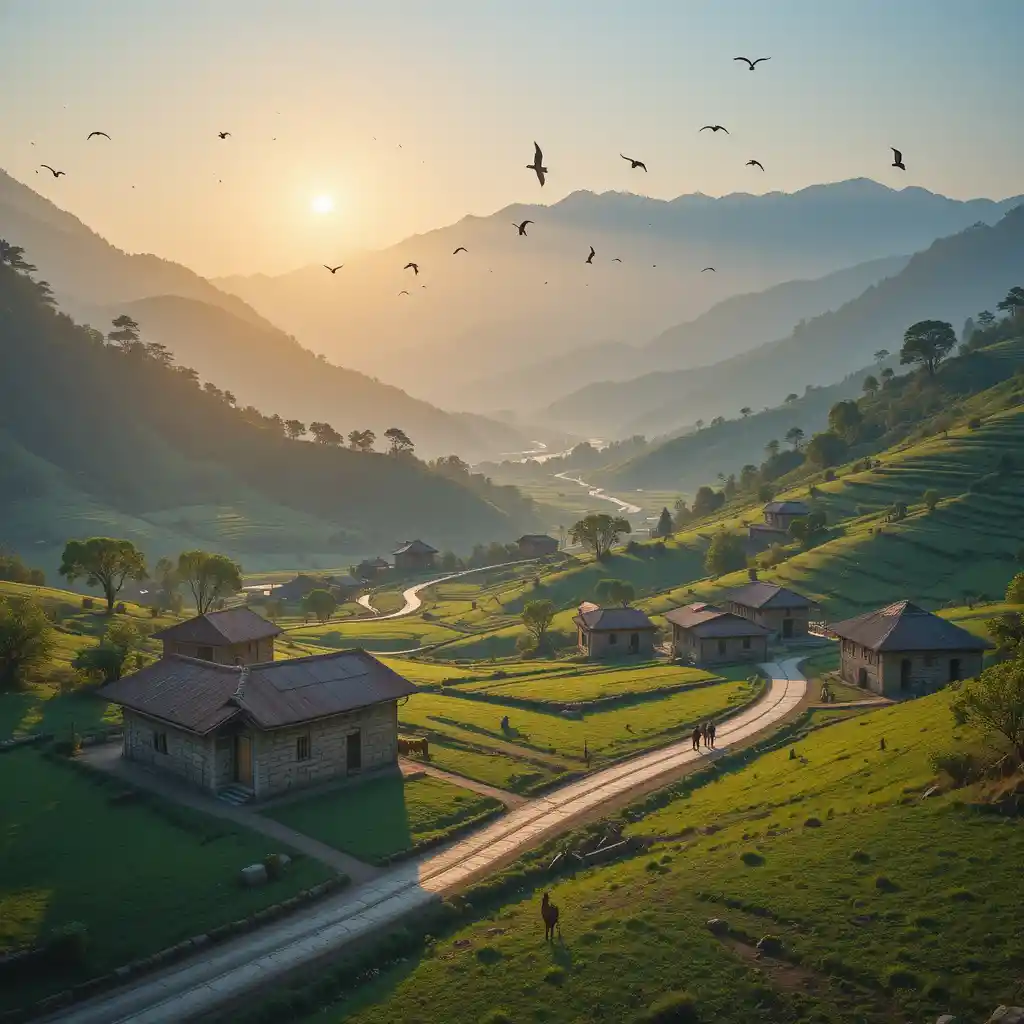 Sunrise Over Terraced Fields In A Nepali Mountain Village