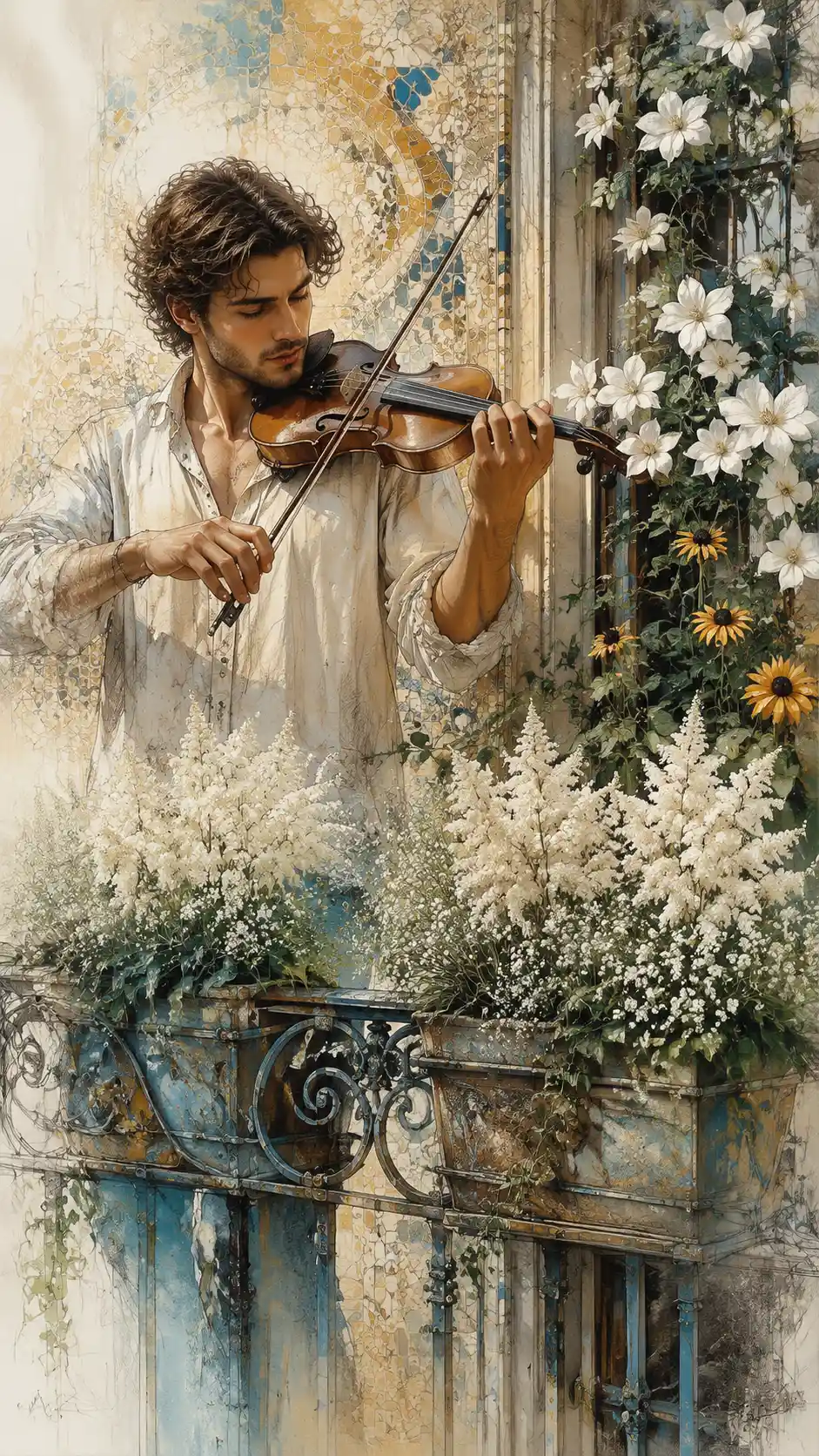 Man Playing Violin On A Flower Filled Balcony Close Up