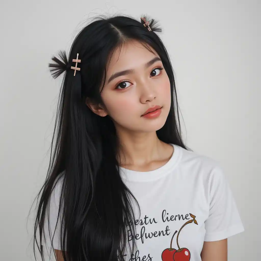 Young woman with piano hairpins and cherry print shirt