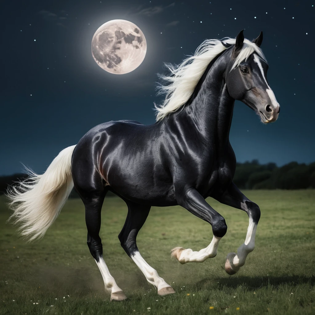 Black horse running across a moonlit open field