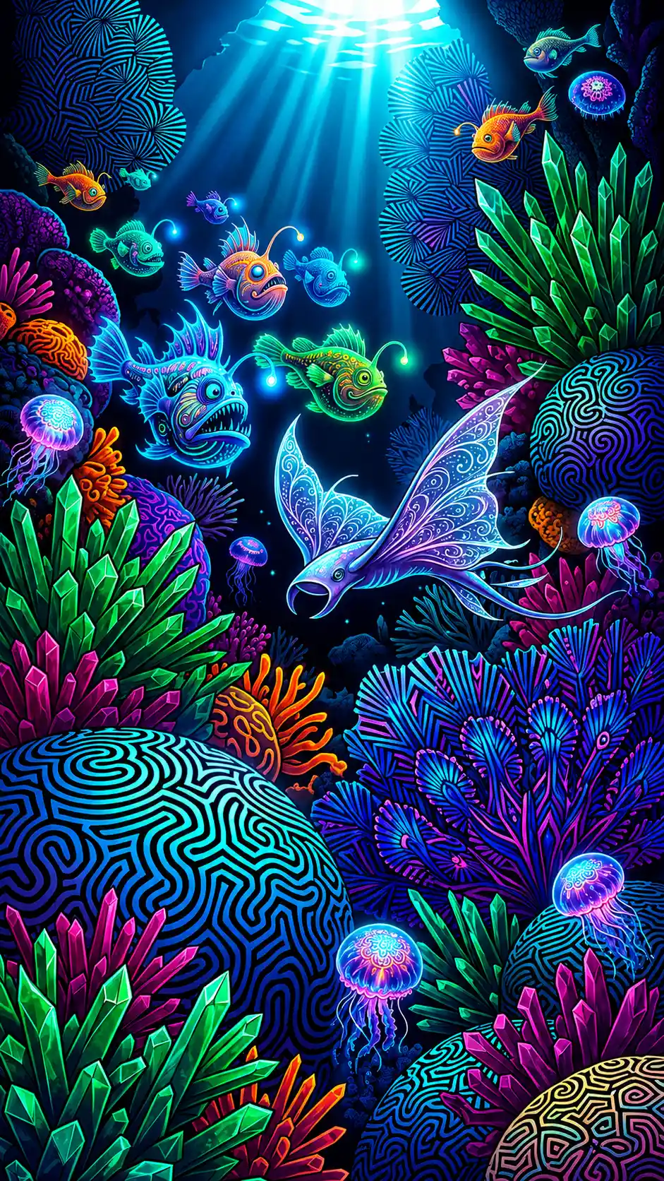 Bioluminescent Fish Over A Crystalline Coral Reef