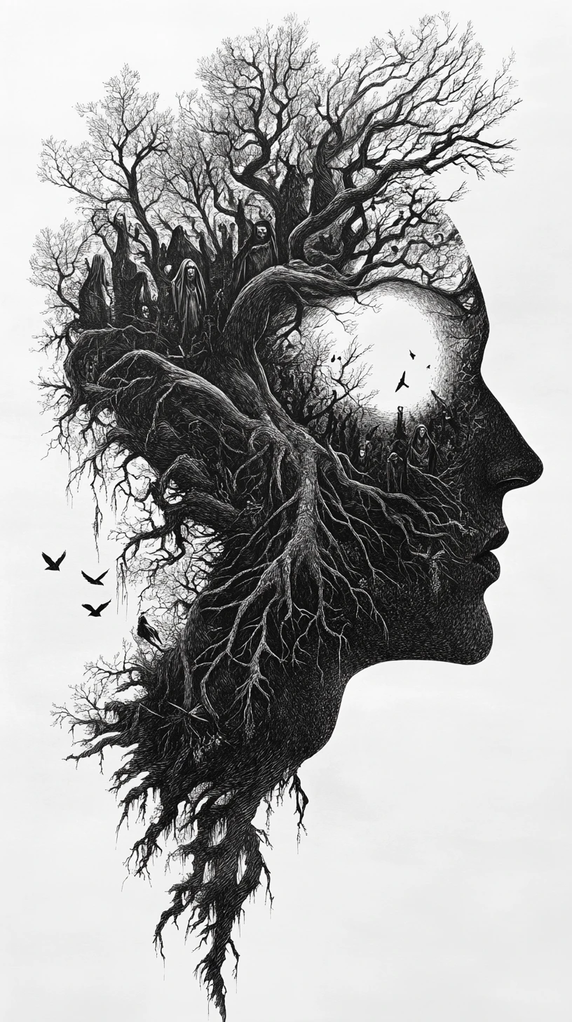 Human Profile Silhouette Filled With Ancient Forest Spirits