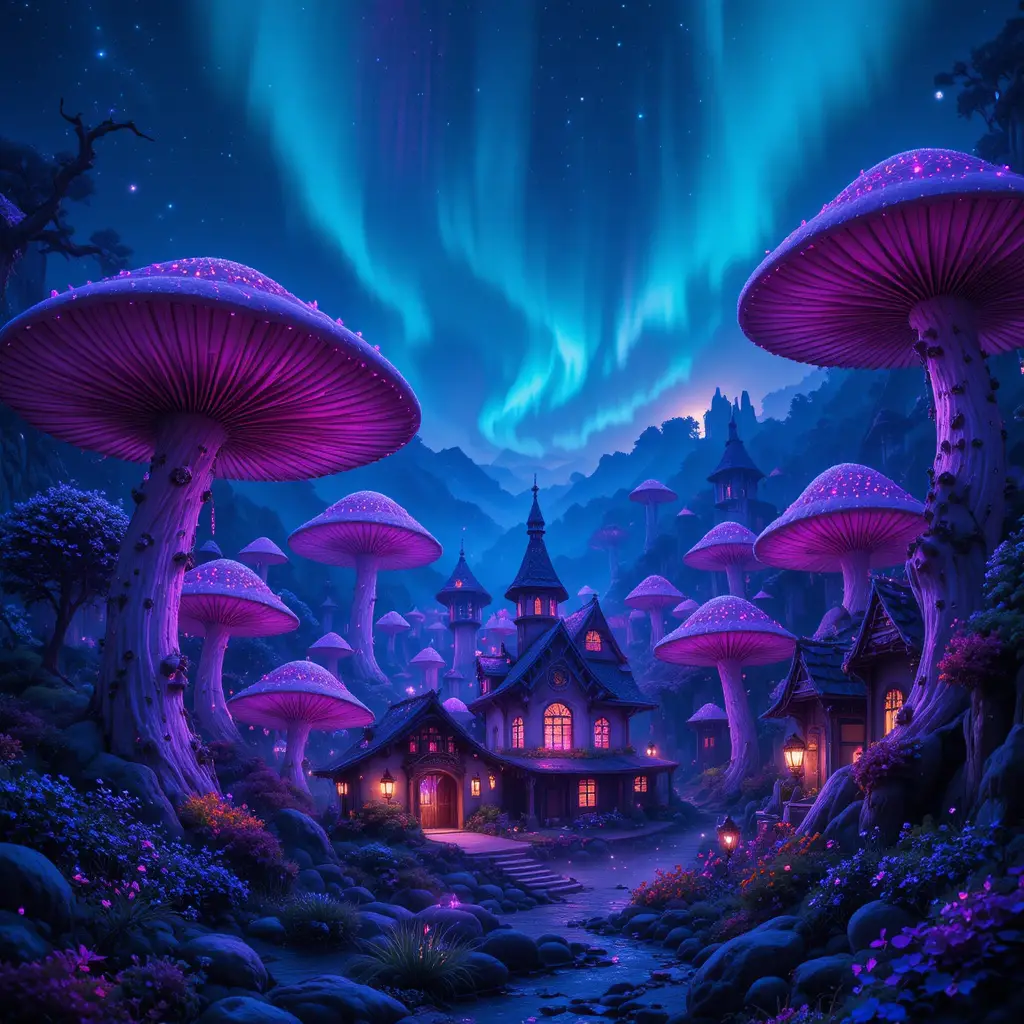 Enchanted village among glowing giant mushrooms at night