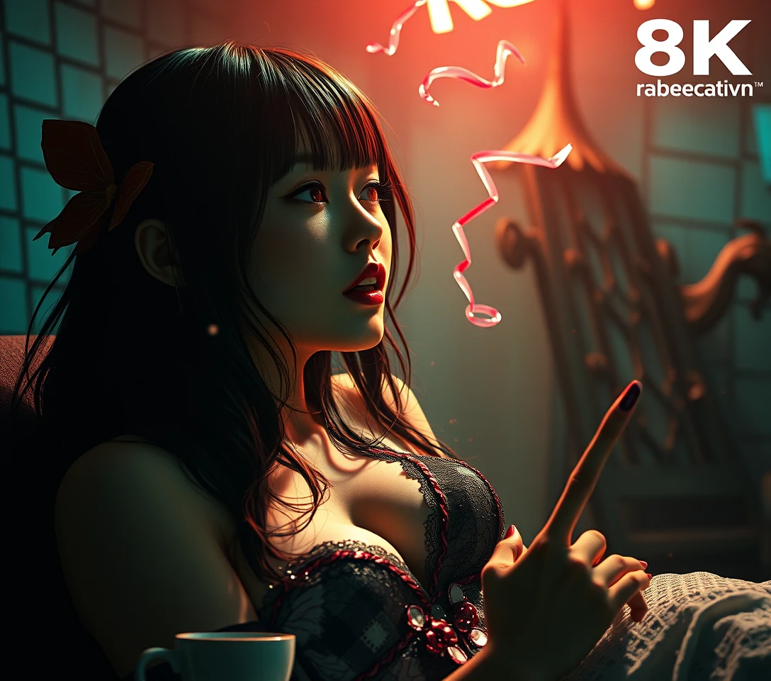 Surreal woman in a playful yet eerie comic horror scene