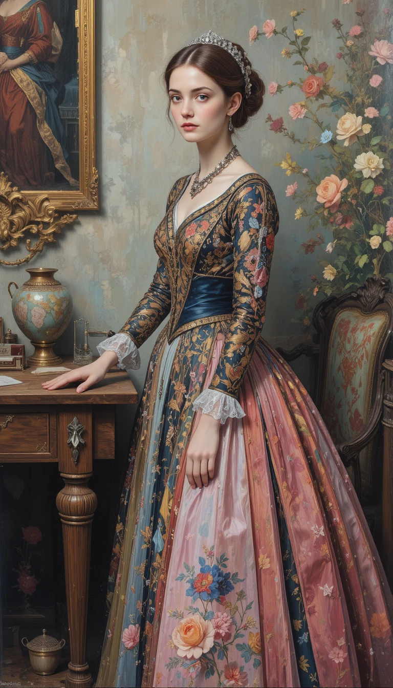 Young woman in layered vintage dress beside carved table
