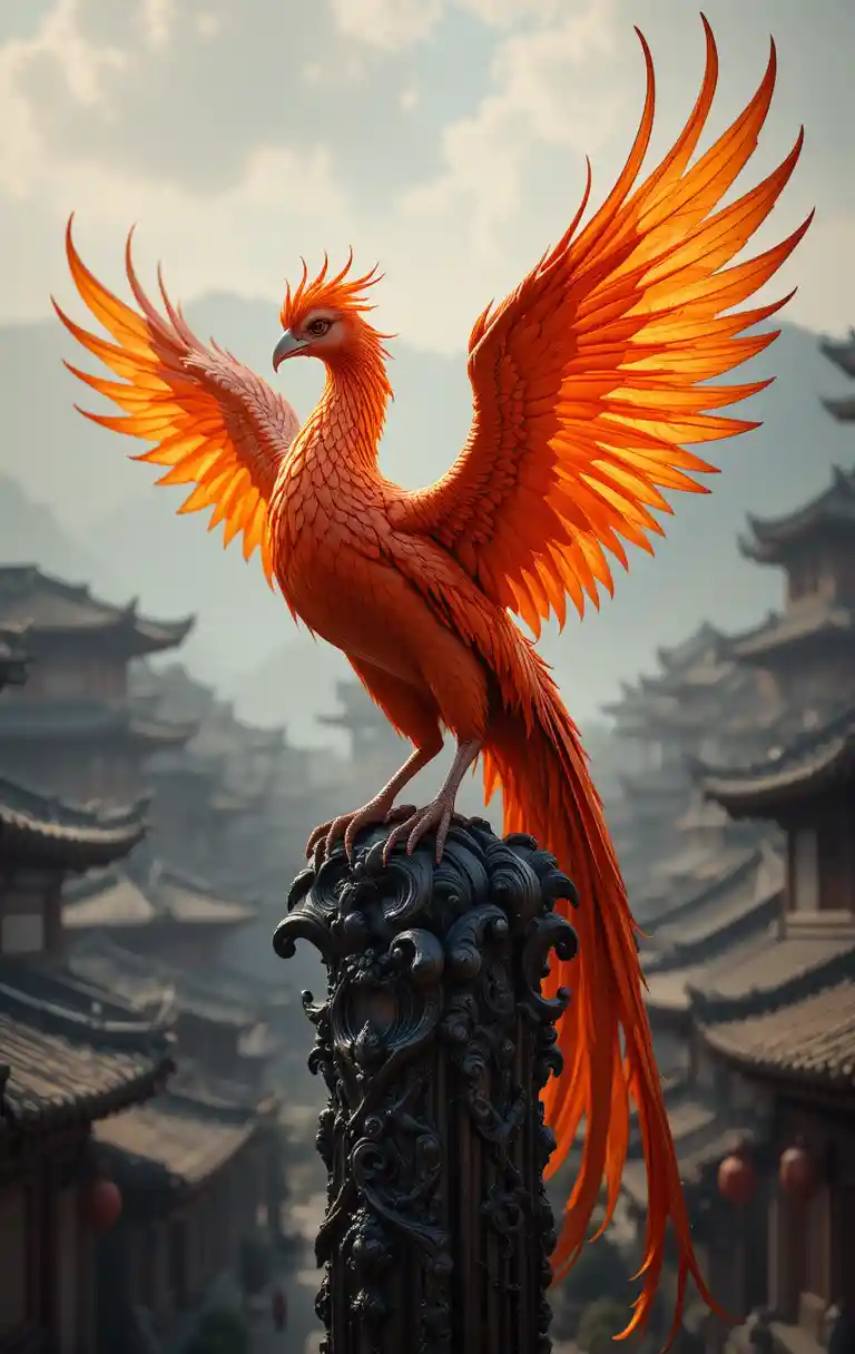 Fiery phoenix on gothic pedestal above ancient city