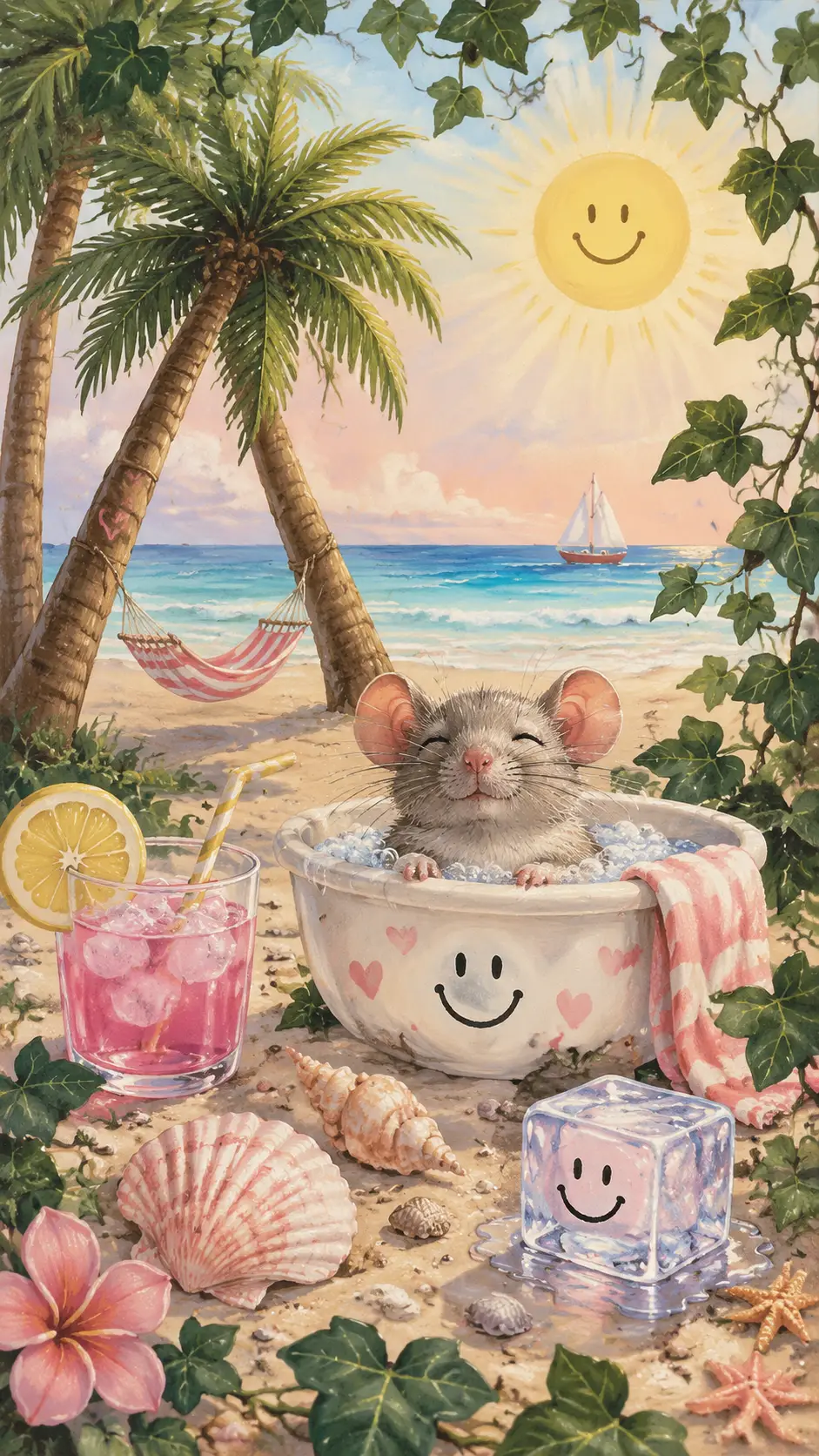 Cheerful cartoon mouse enjoying a sunny beach day