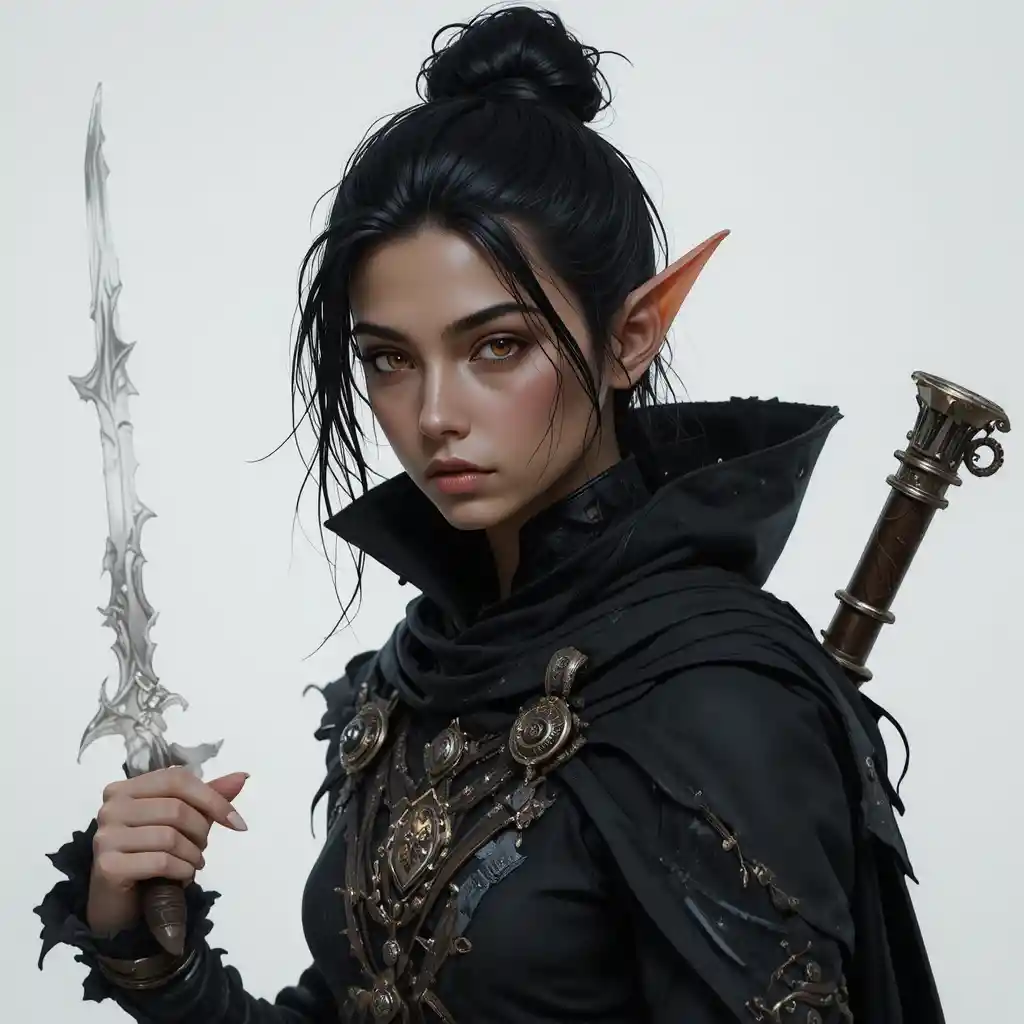 Olive skinned rogue elf woman with soul knife cloak