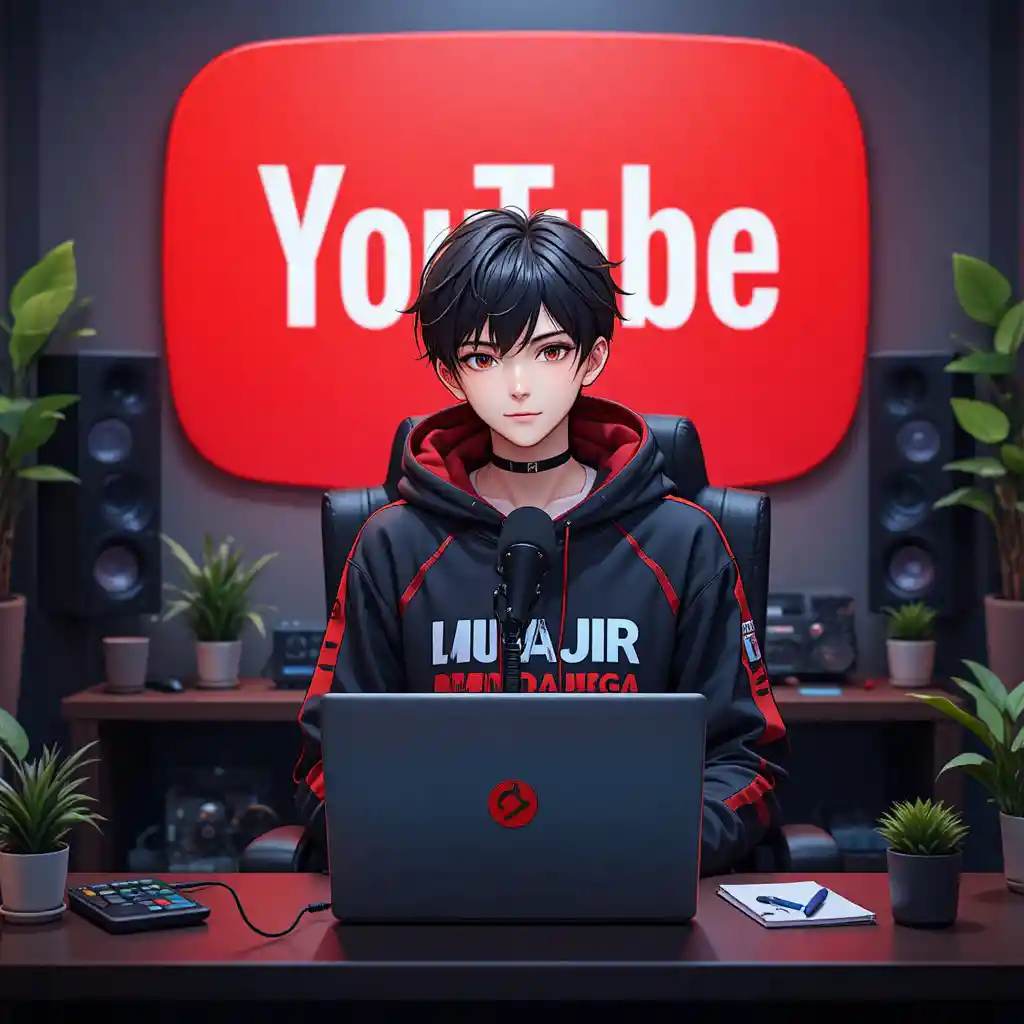 Anime boy streaming at a desk with microphone and laptop