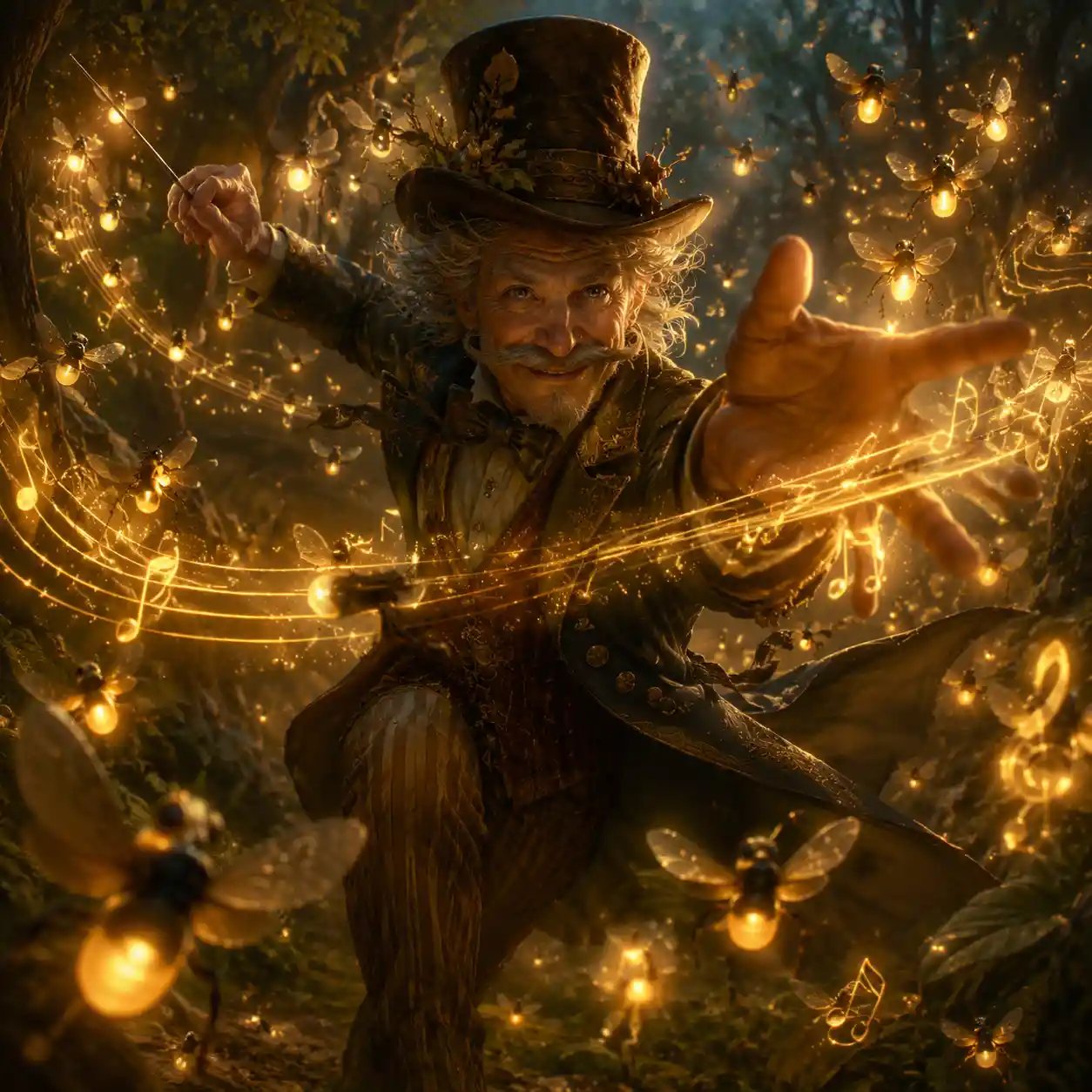 Fantasy musician leading glowing firefly orchestra at dusk