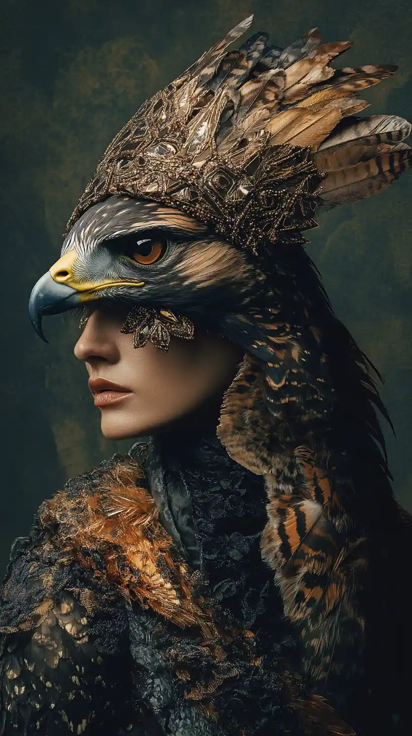 High fashion figure posing with a stylized hawk companion