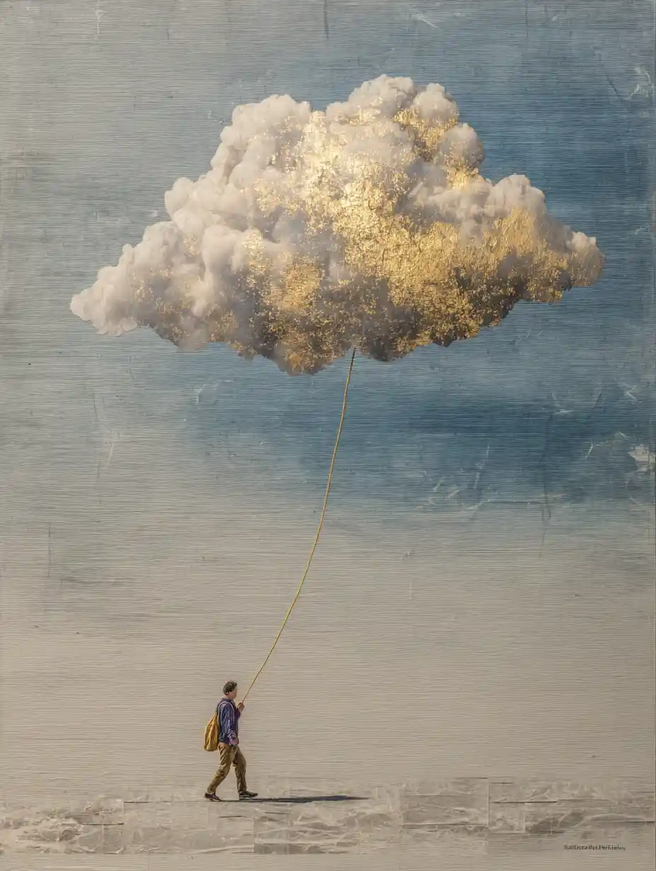 Surreal cloud balloon shielding a lone wanderer from sun