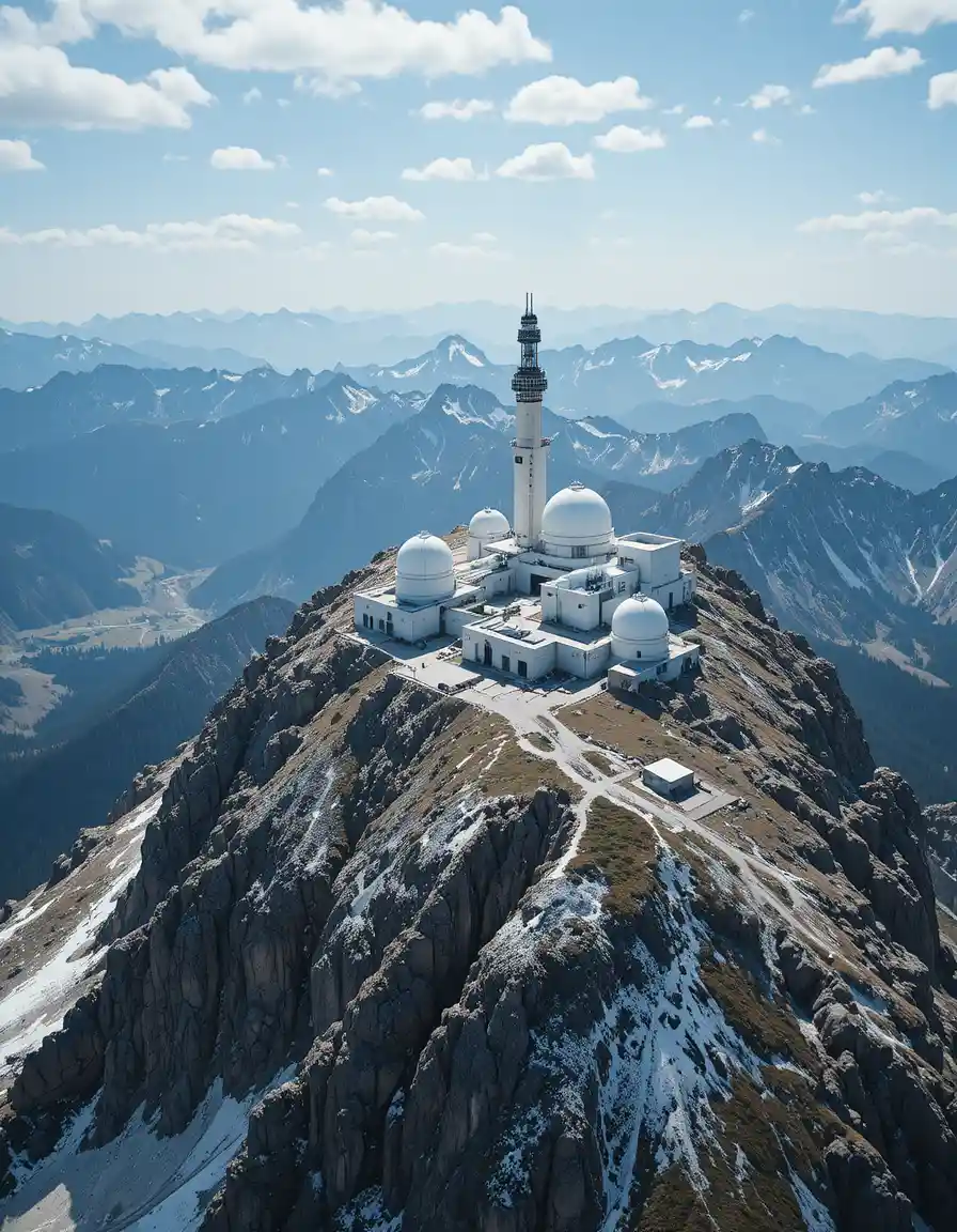 Mountain observatory atop rugged peak under clear blue sky
