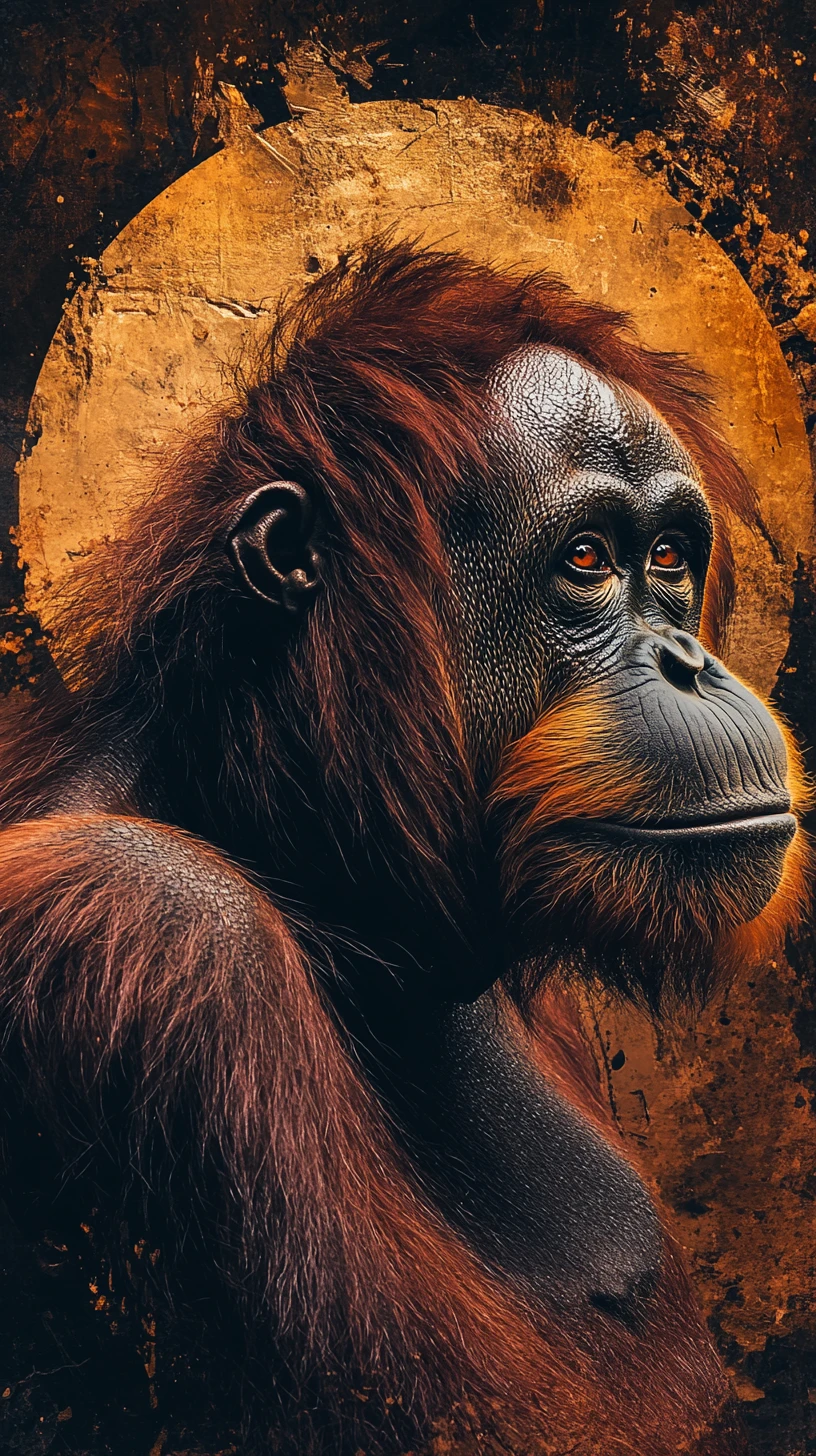 Orangutan profile with symbolic circular halo and soft gaze