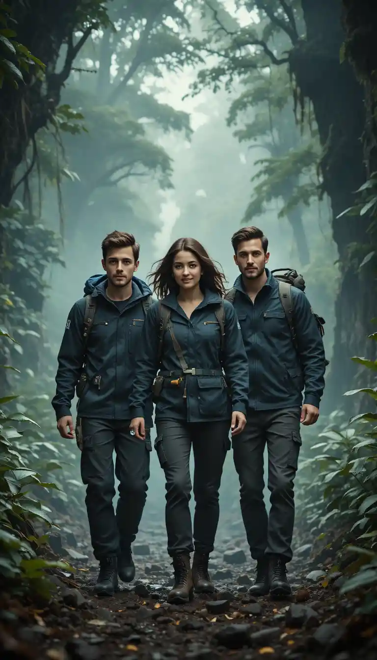 Friends at the edge of a mysterious jungle entrance