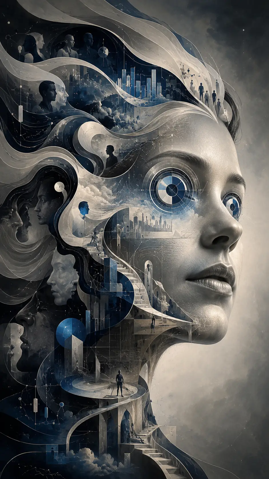 Surreal portrait merging executive dashboards with human face