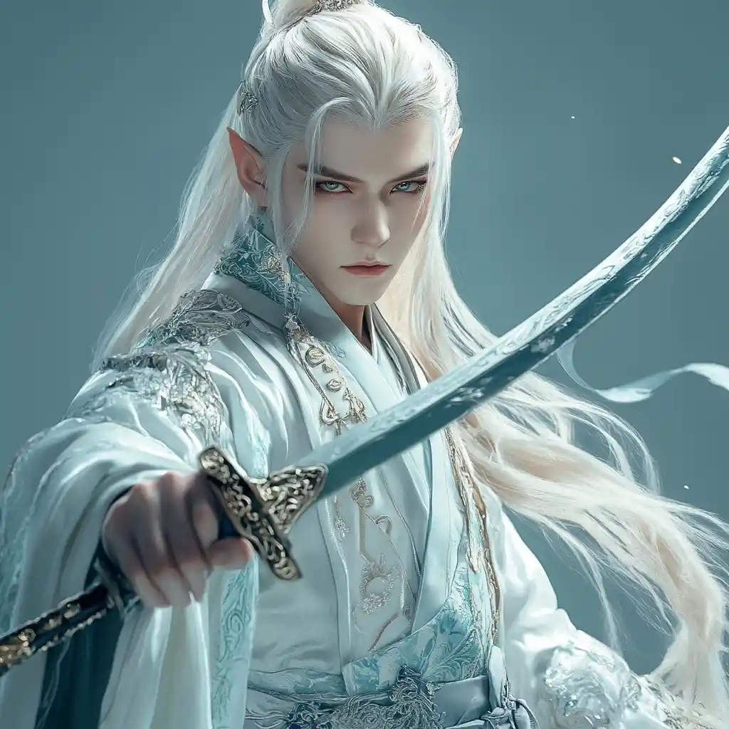 Elegant elf duelist with rapier and sapphire eyes