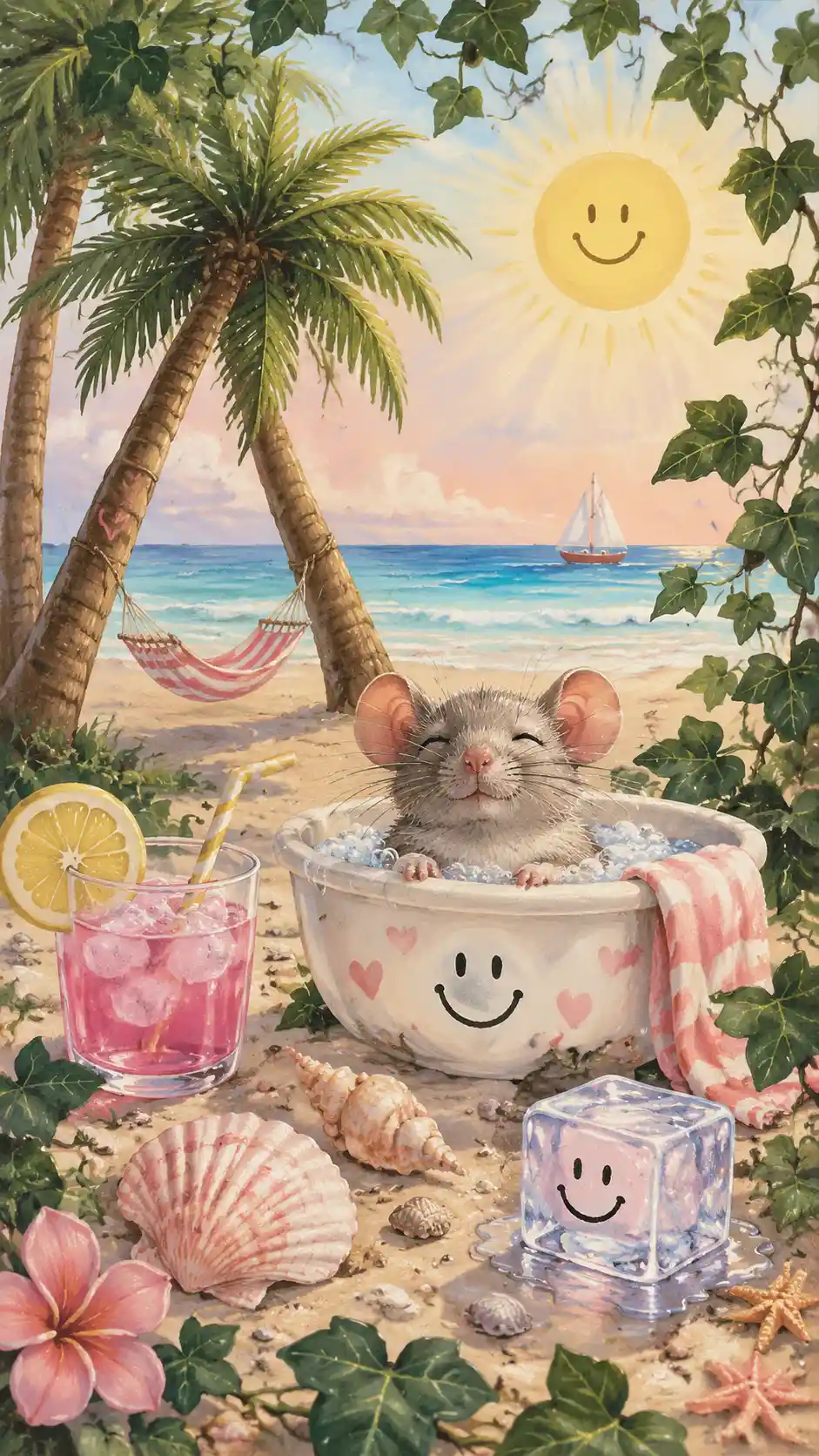 Cheerful cartoon mouse enjoying a sunny beach day