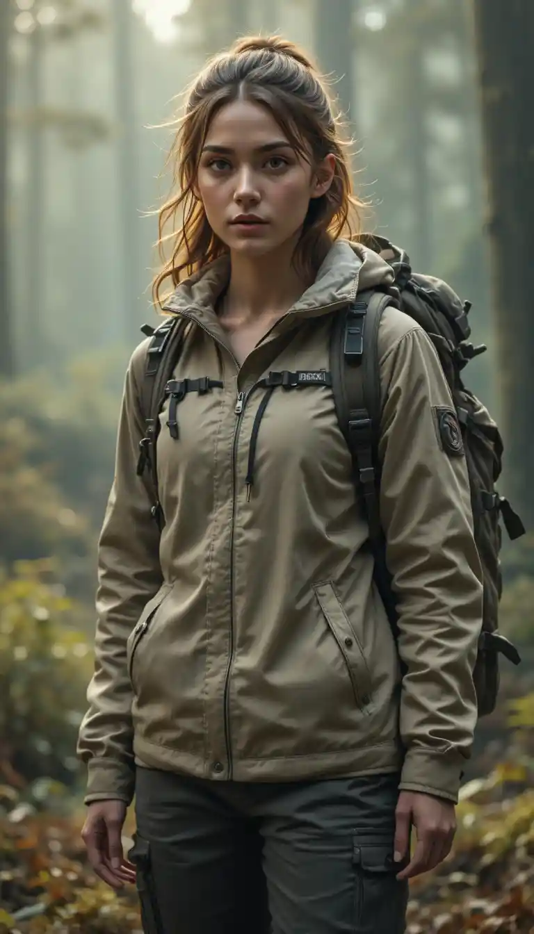 Young woman hiking through a dramatic foggy forest
