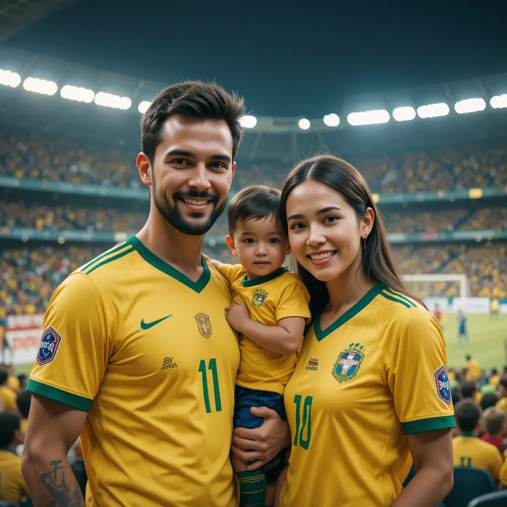 Happy family in yellow jerseys at football stadium