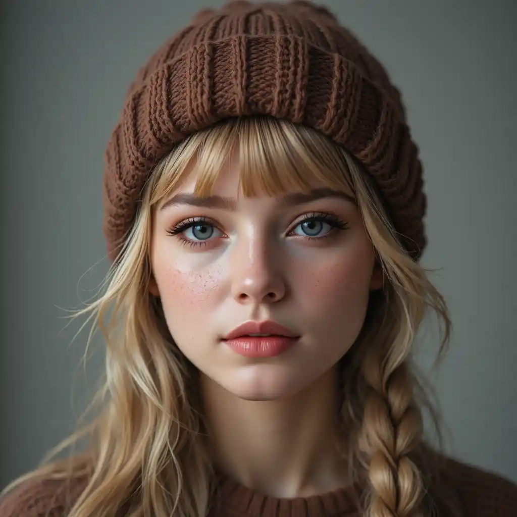 Young woman in brown beanie close up portrait