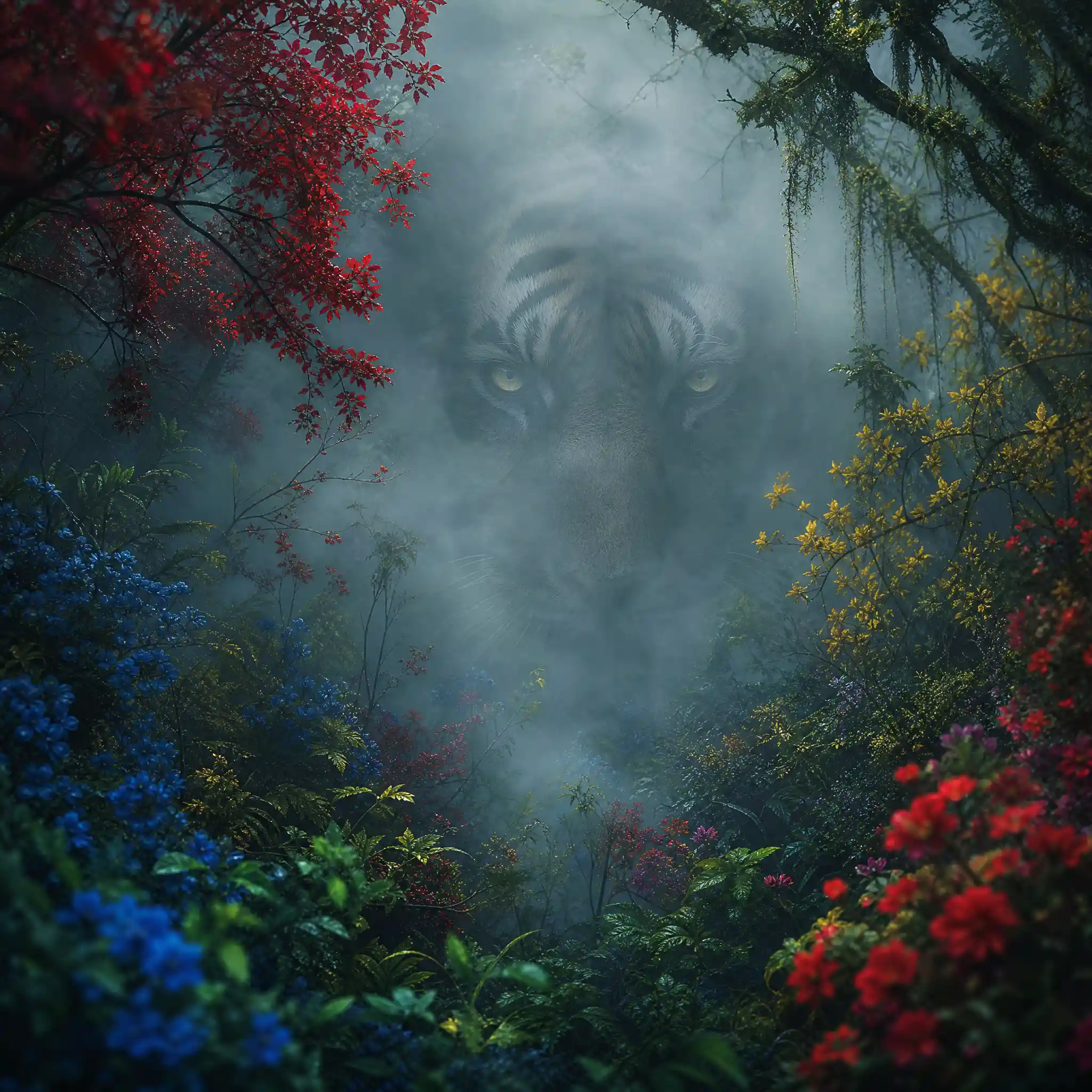 Tiger face emerging from fog in enchanted forest