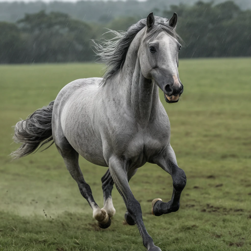 Grey horse running through a rainy open field
