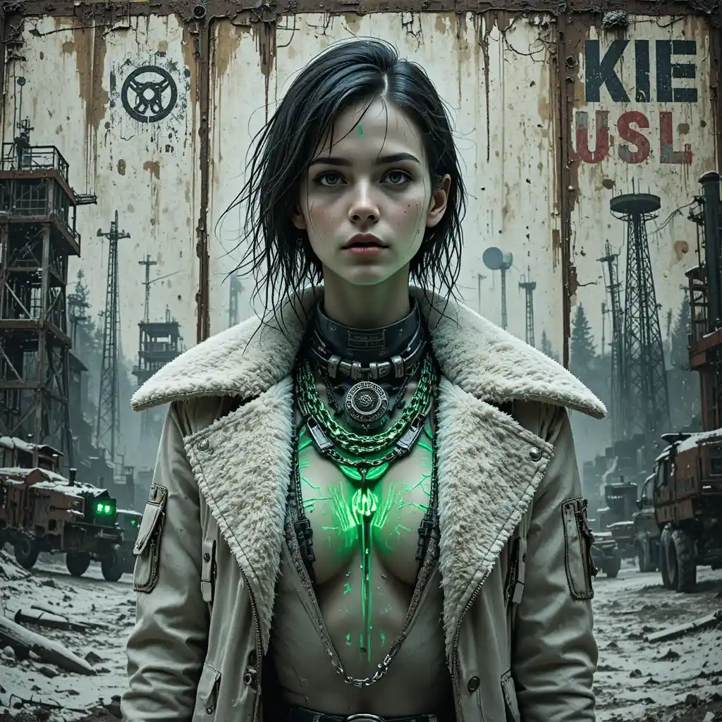 Cyberpunk heroine on rusted post apocalyptic propaganda wall