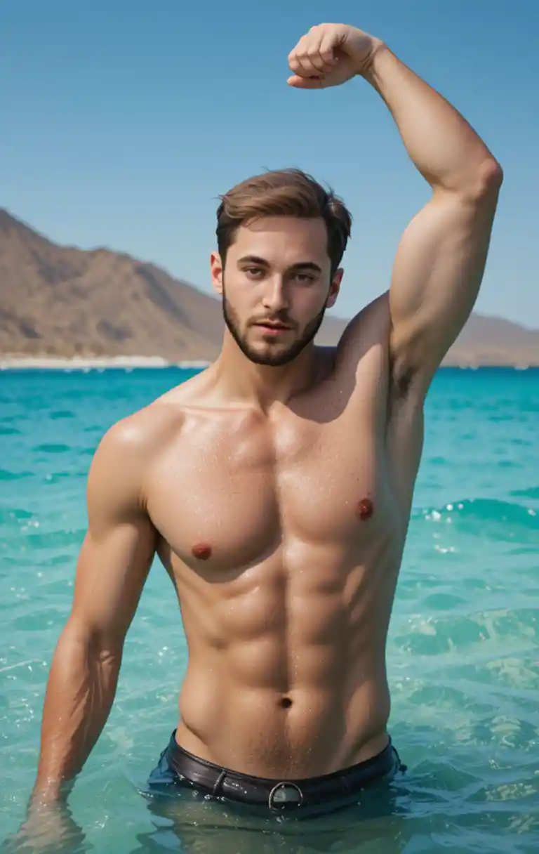 Shirtless muscular man posing in turquoise ocean waters