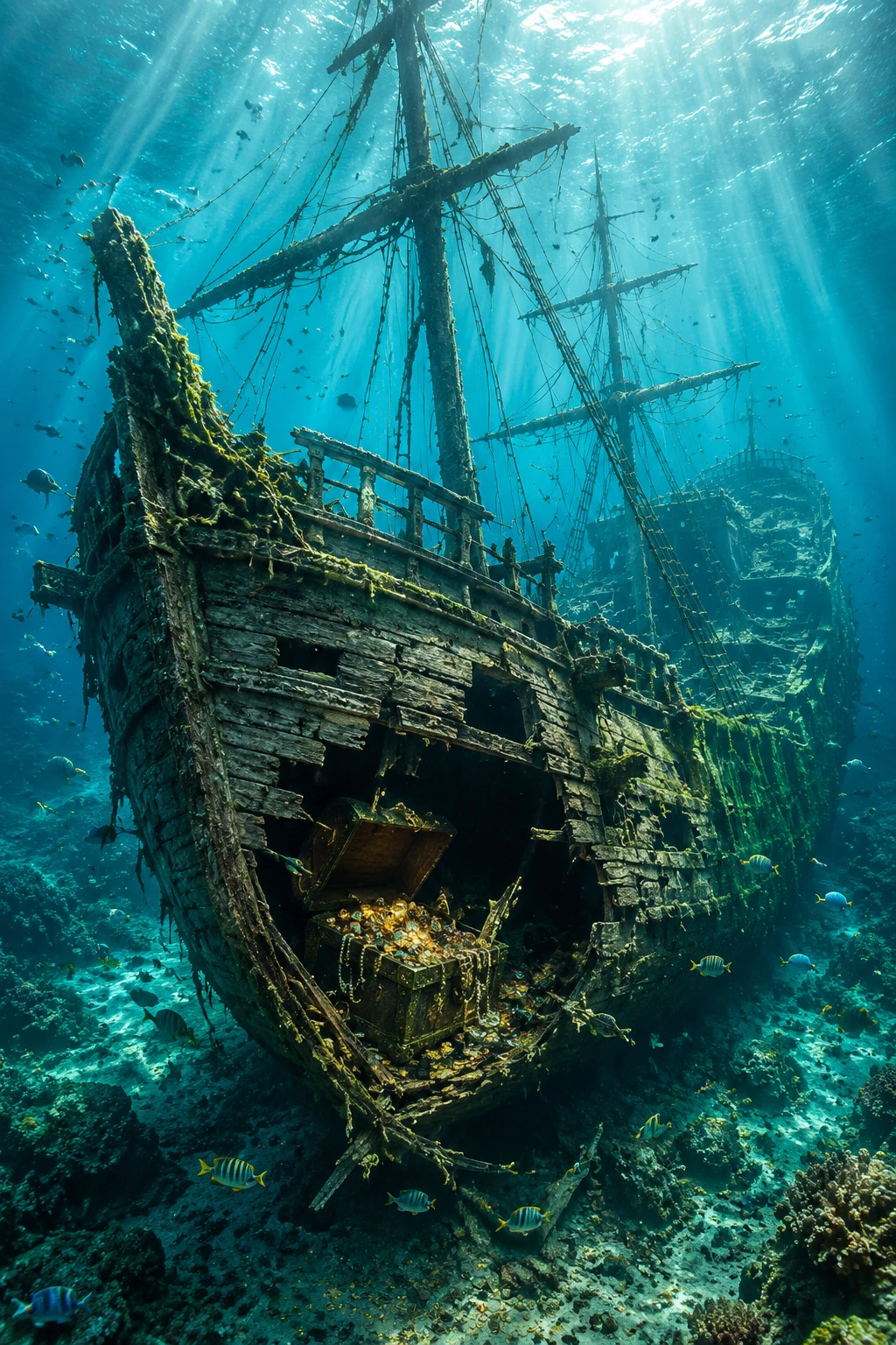 Antiguo galeón hundido con tesoro en el fondo del océano