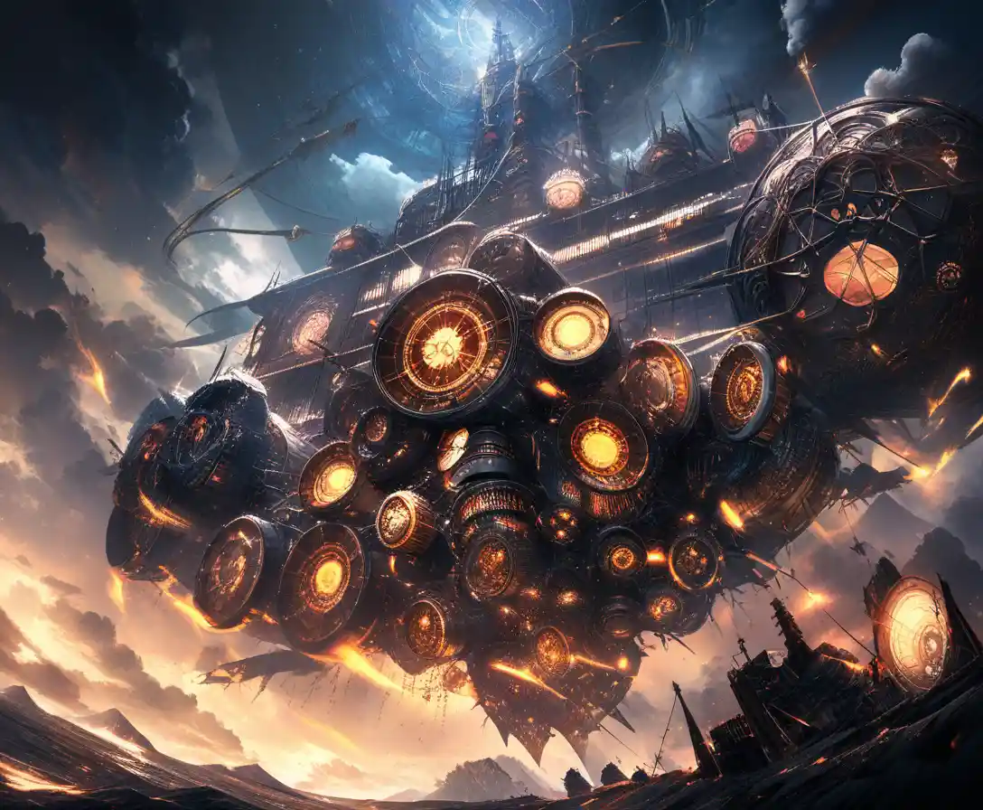 Gigantic steampunk airship sailing through dark storm clouds