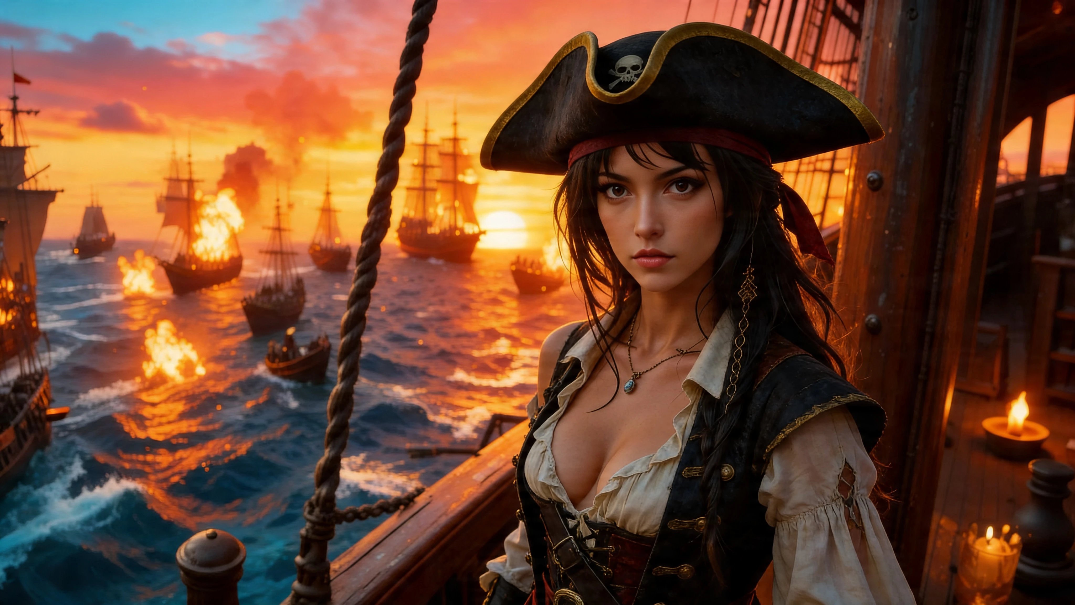Pirate woman stands boldly on her ship at sunset