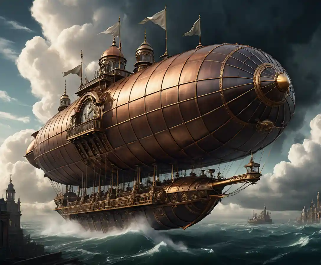 Colossal Steampunk Airship Above Dark Stormy Clouds